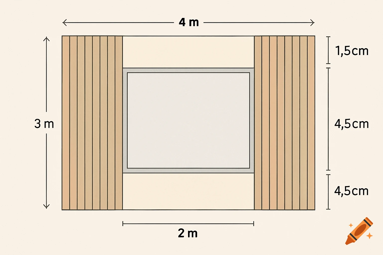 Schematic diagram of a wall, 4m wide and 3m tall, with a 2m wide window and wooden planks, displaying dimensions.