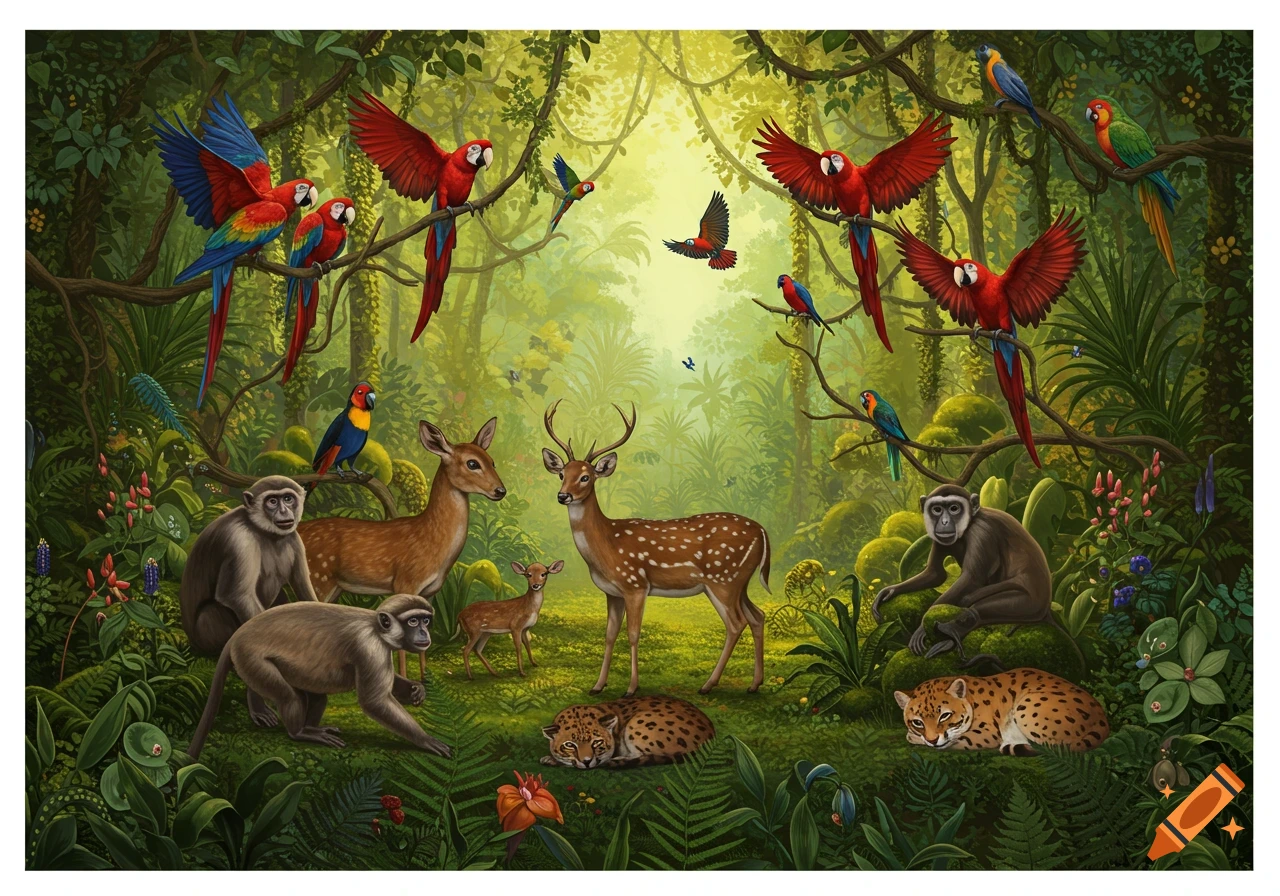 Vibrant illustration of various macaws, parrots, monkeys, deer, and leopards in a lush green jungle.