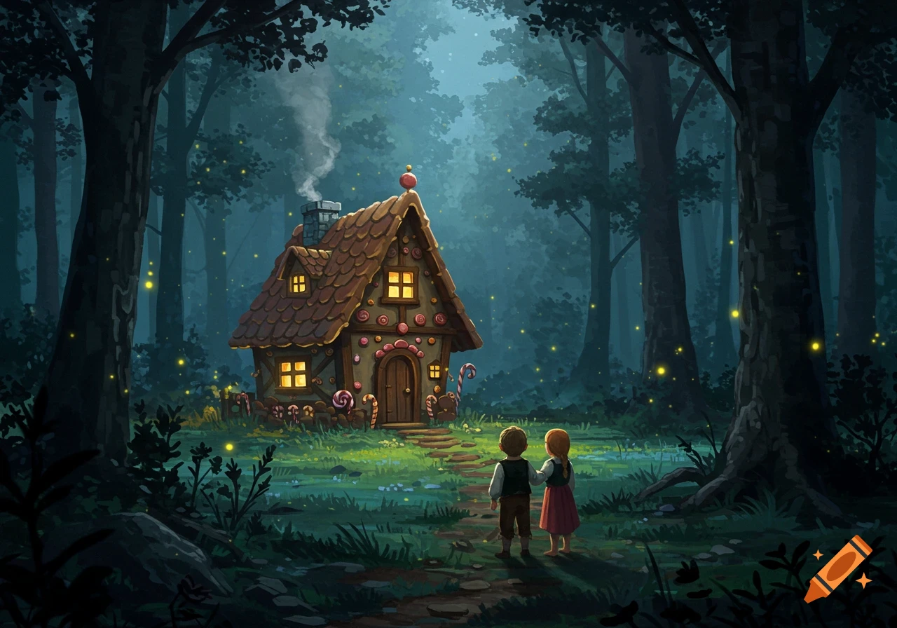Two children gaze at a whimsical gingerbread house in a glowing, dark fantasy forest with fireflies. Storybook style.