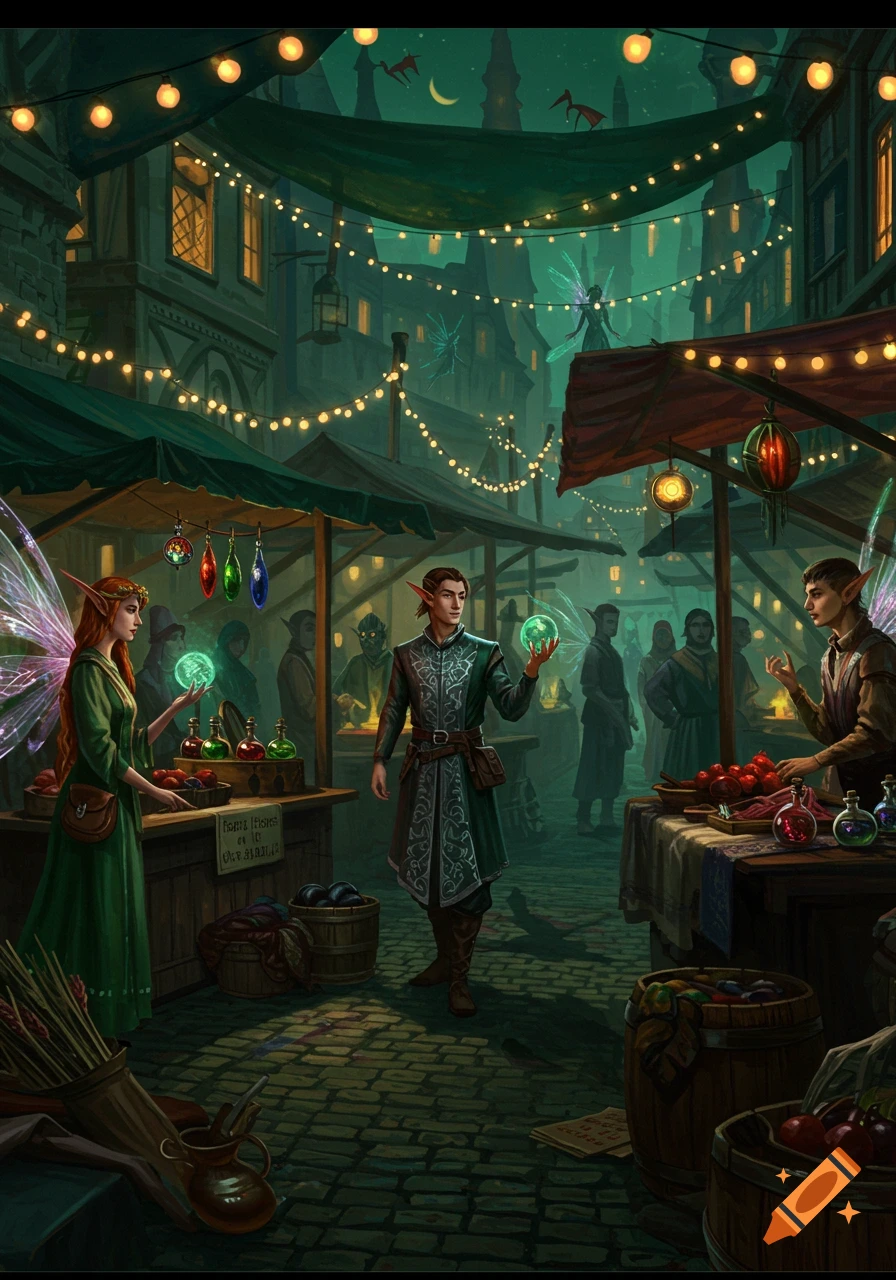 An enchanted medieval fae night market scene with elves trading glowing potions and goods under strings of lights.
