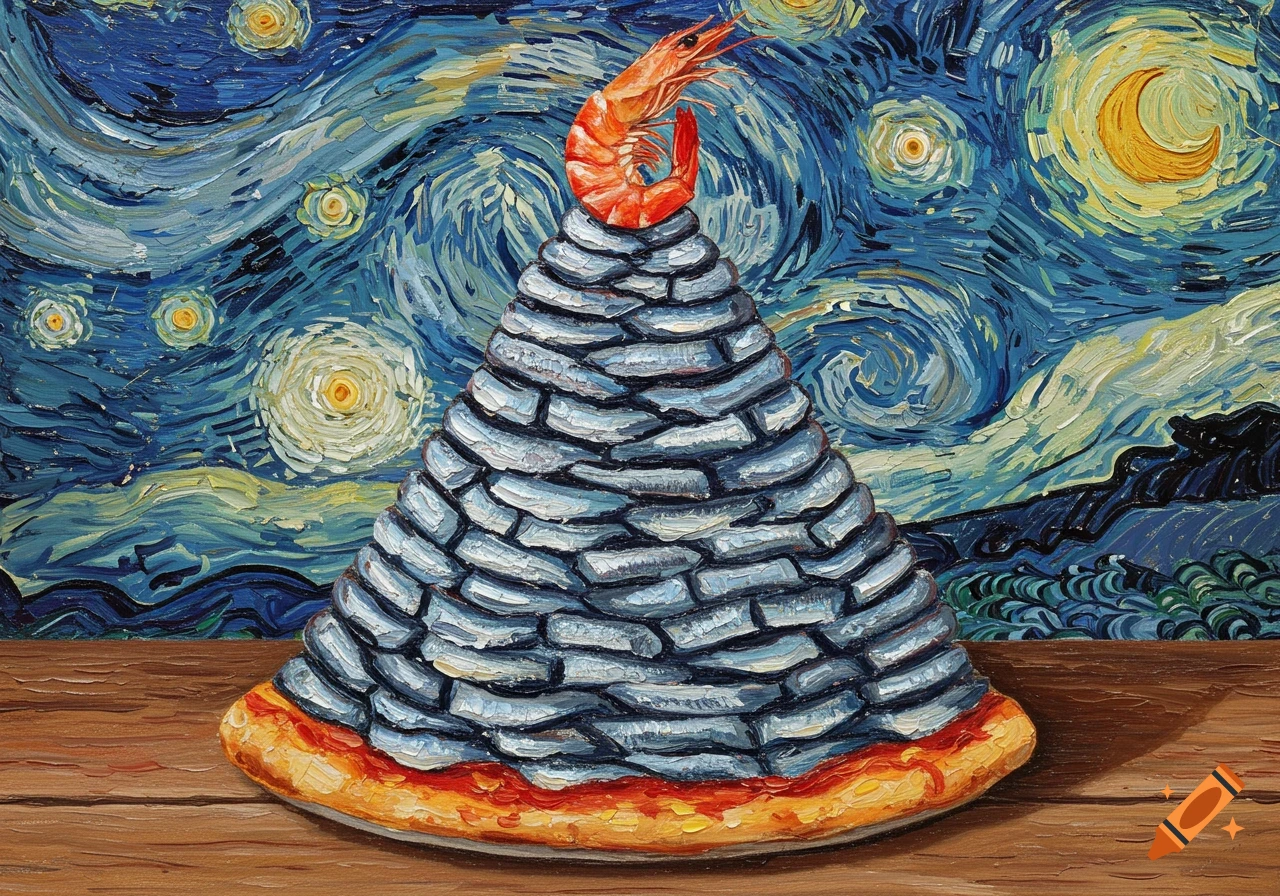 Van Gogh-style oil painting of a pizza topped with an anchovy pyramid and a shrimp, set against a starry night sky on a wooden table.