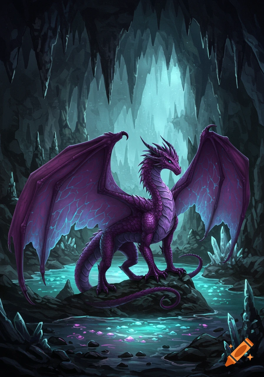 A majestic purple dragon with large wings stands on a rock in a mystical glowing blue cave with crystals.