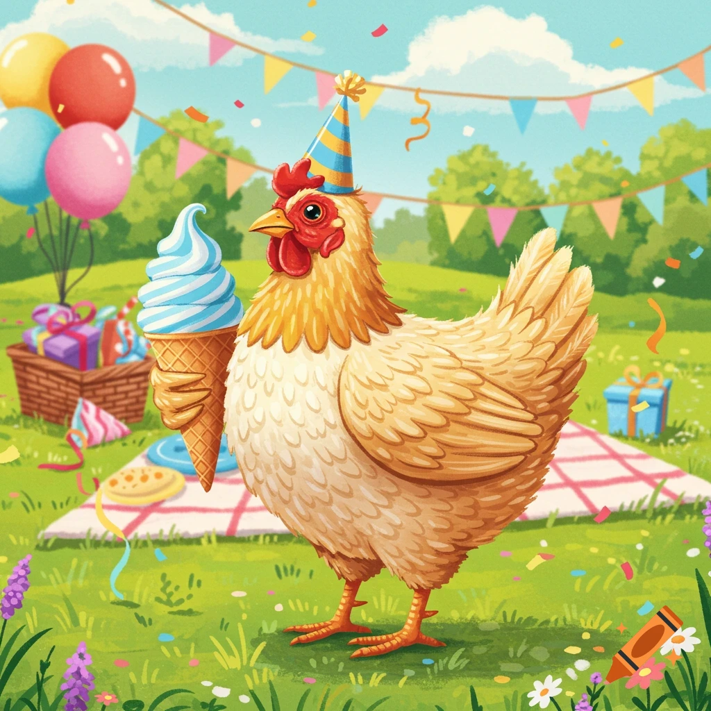 An illustrated chicken wearing a party hat, holding a blue and white swirl ice cream cone, at an outdoor picnic with balloons and gifts.