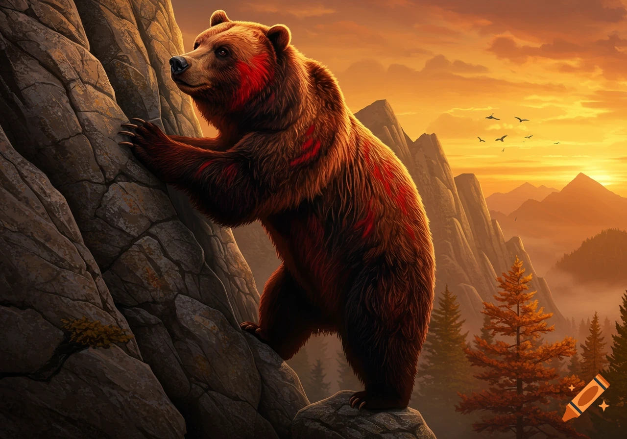 A brown bear with red markings climbs a rocky mountain face at sunset, with distant mountains and birds in the golden sky.