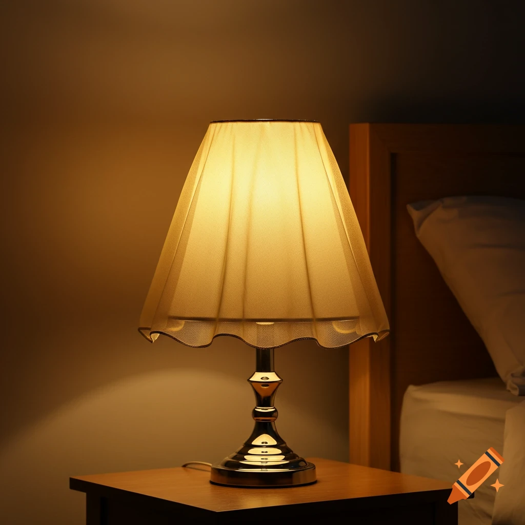 A warm, photorealistic image of an illuminated bedside lamp with a translucent, golden veil shade on a wooden nightstand next to a bed.