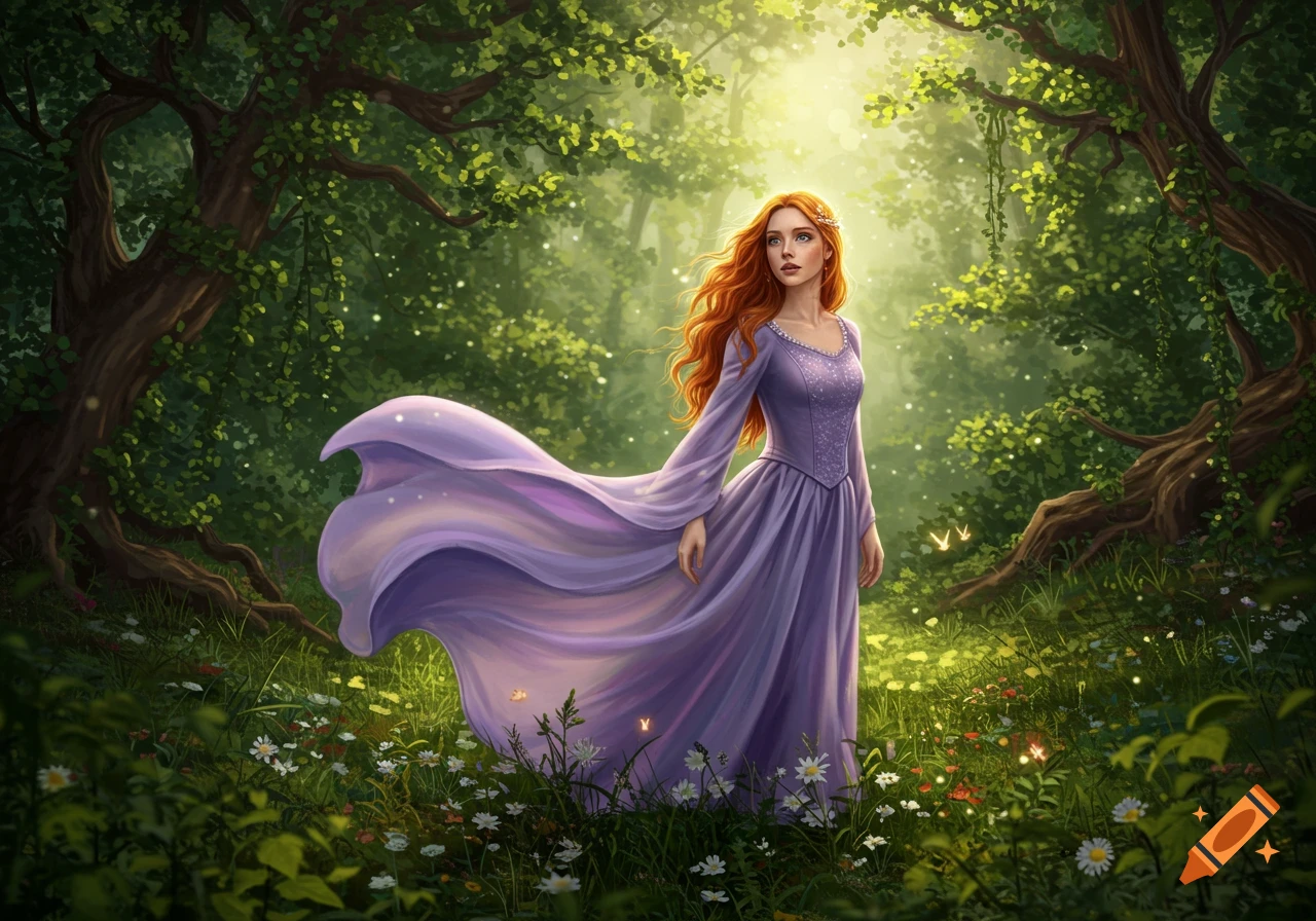 A red-haired woman in a flowing purple gown stands in an enchanted forest with wildflowers under sparkling light.