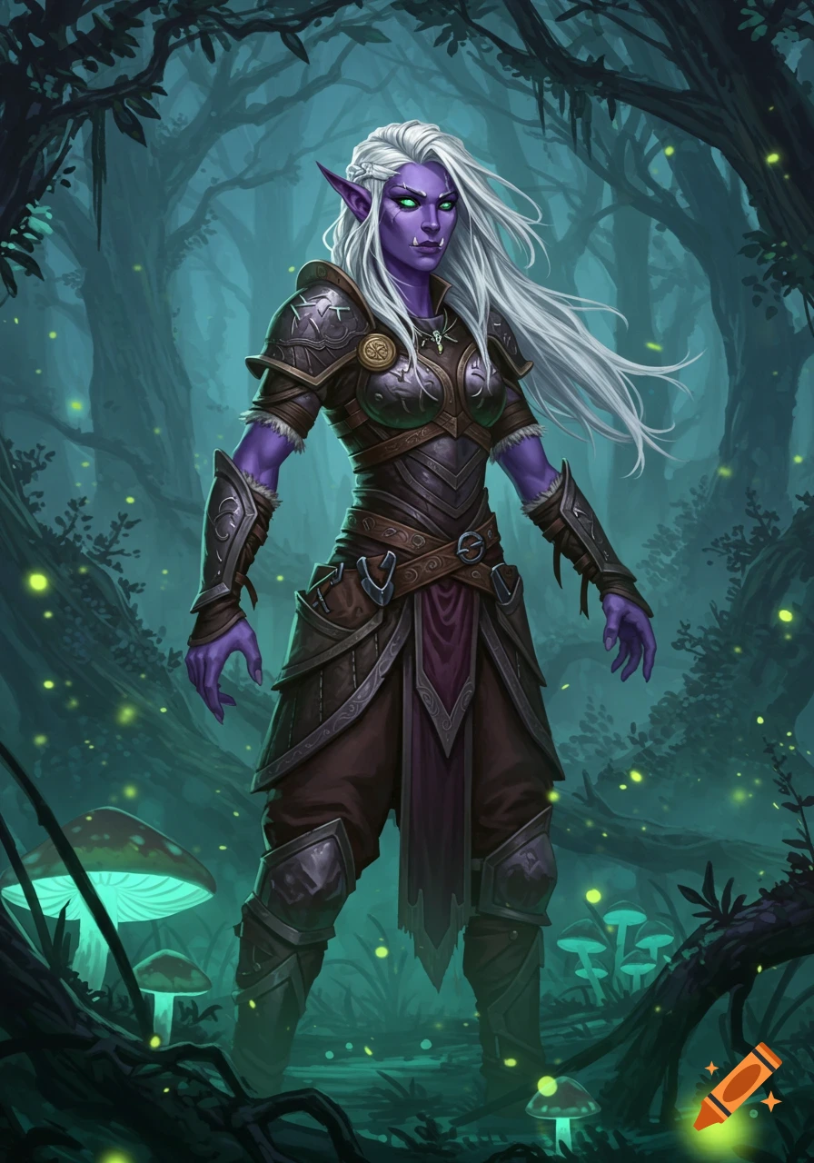 A female half-orc with purple skin, green eyes, and long white hair, clad in fantasy armor, stands in a dark, glowing forest.