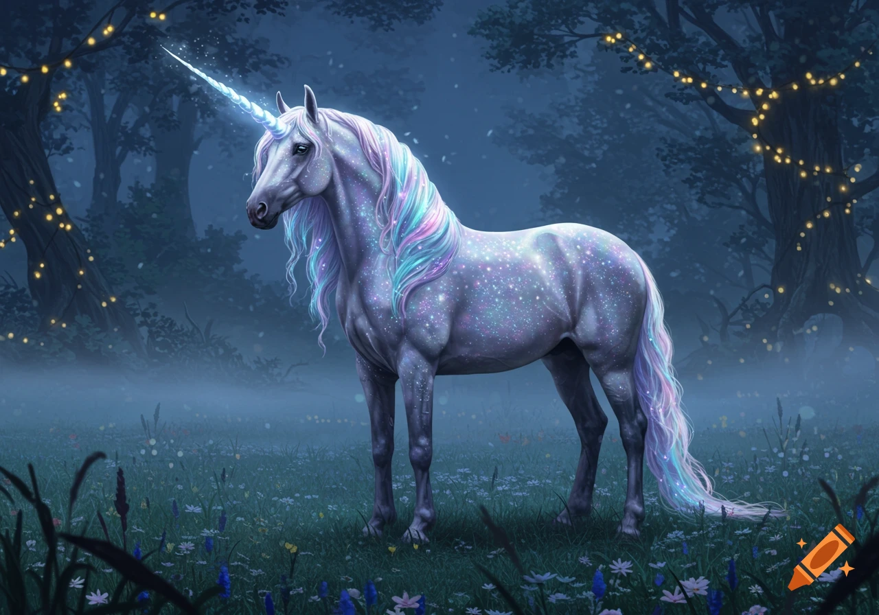 A majestic, sparkling unicorn with a glowing horn and rainbow mane in a misty, dark forest with string lights.