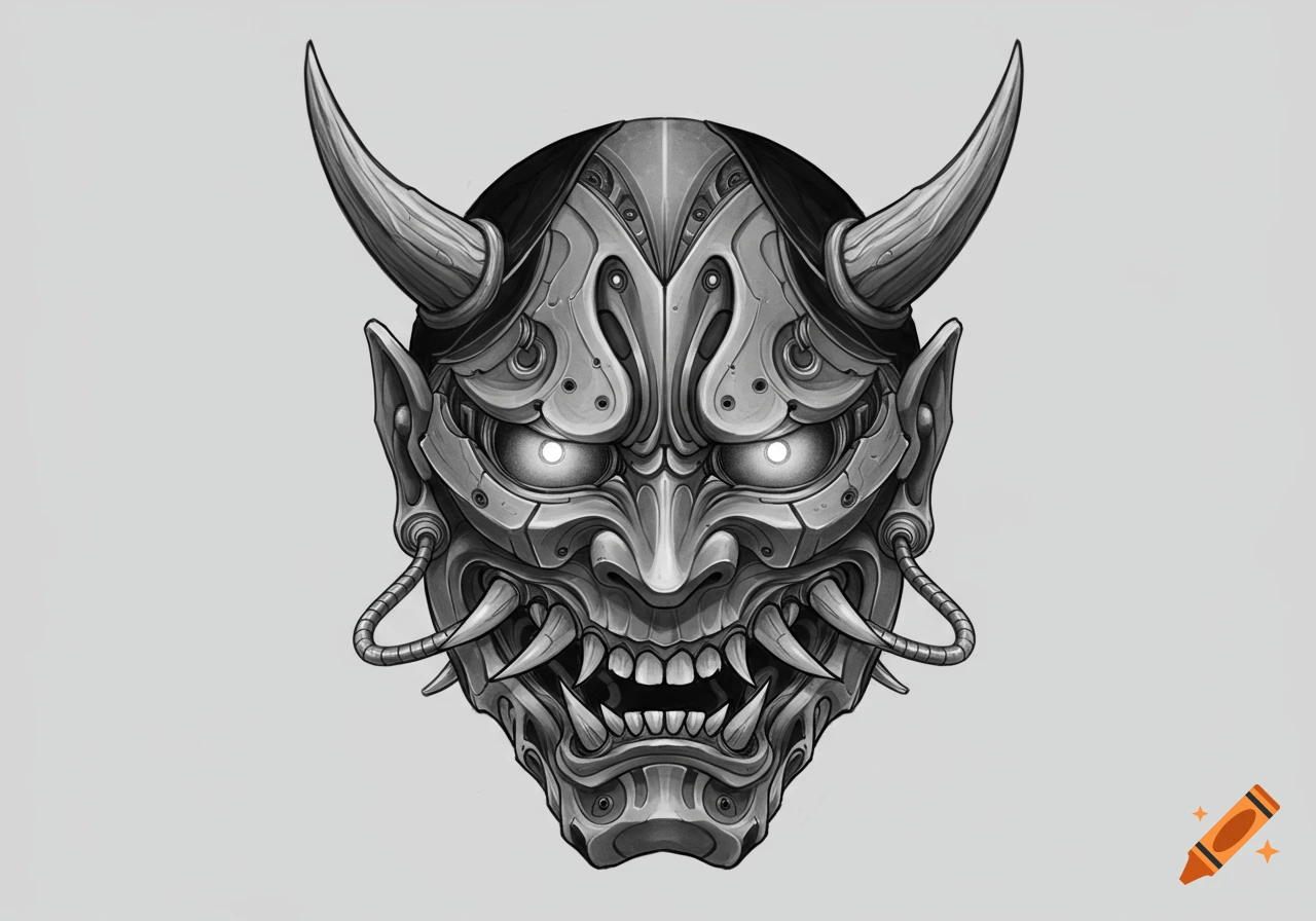 A black and grey biomechanical Hannya mask with sharp horns, glowing eyes, and mechanical textures, in a tattoo design style.