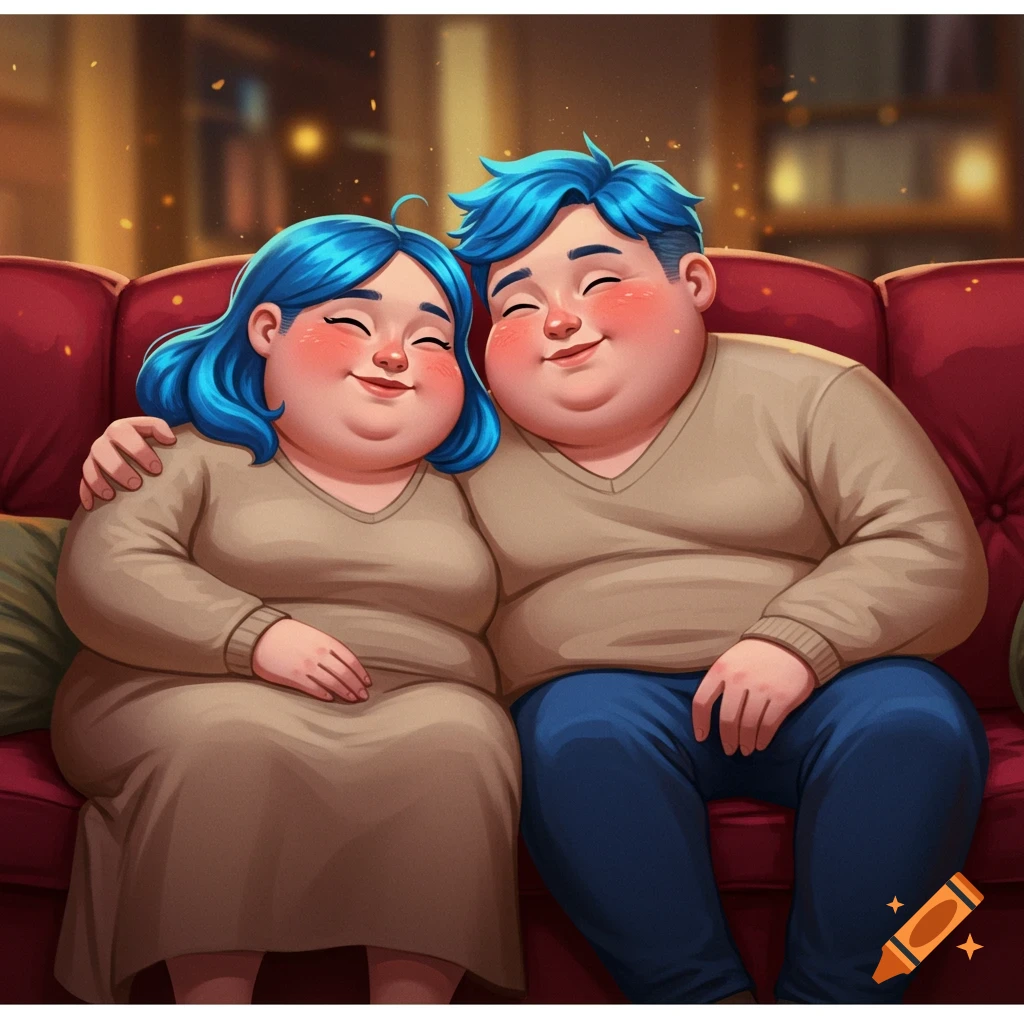 A happy, chubby cartoon couple with blue hair smiles, leaning together on a red couch in manga style.