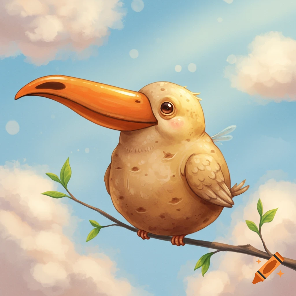 A whimsical illustration of a potato-bodied bird with a long orange beak, perched on a branch under a cloudy blue sky.