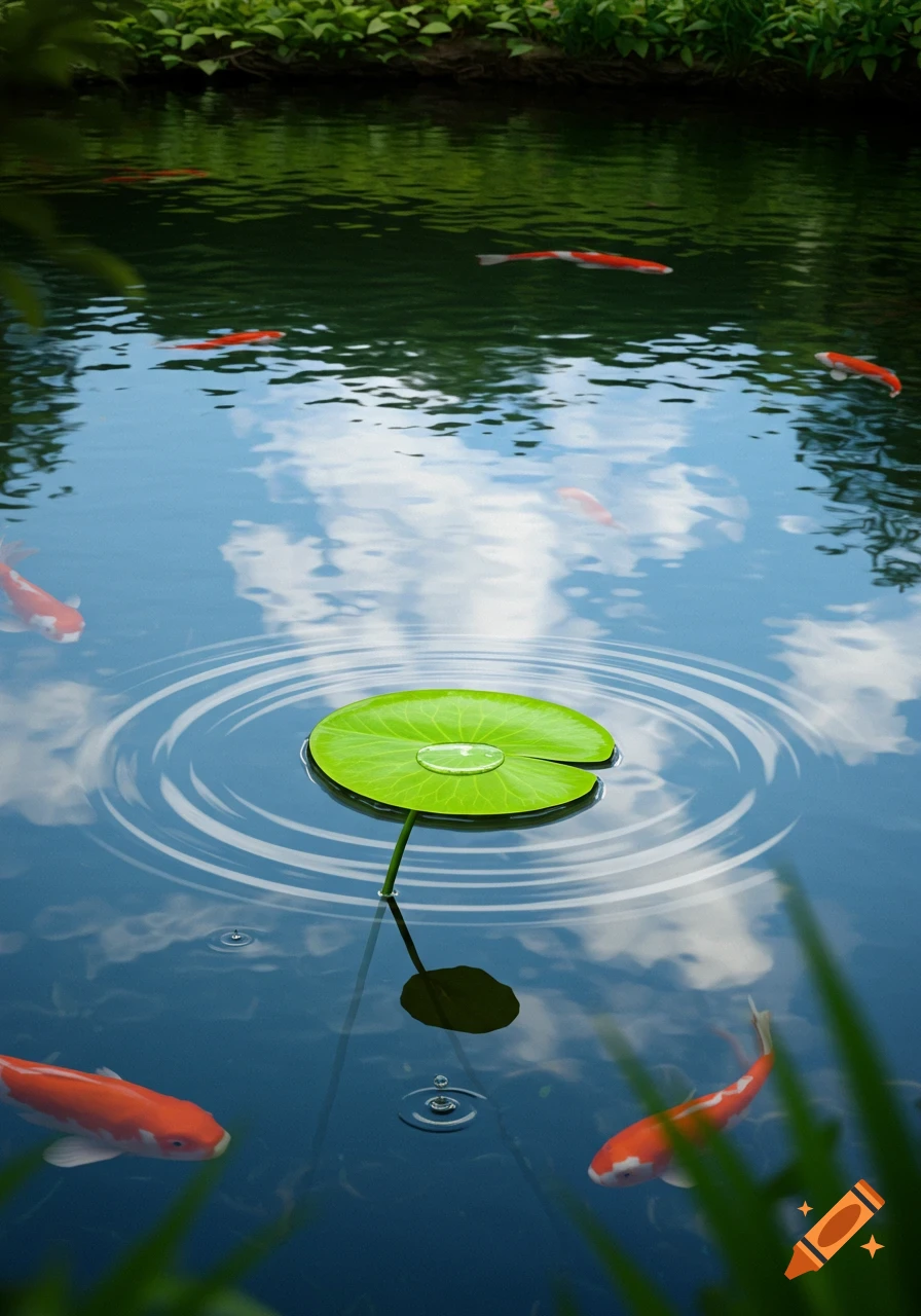 Photorealistic view of orange and white koi fish swimming in a pond with a green lily pad, reflecting the sky.
