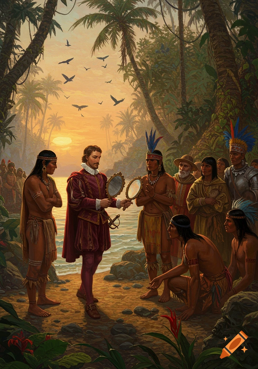 Realistic painting of a European explorer offering mirrors to indigenous people on a tropical beach at sunrise.