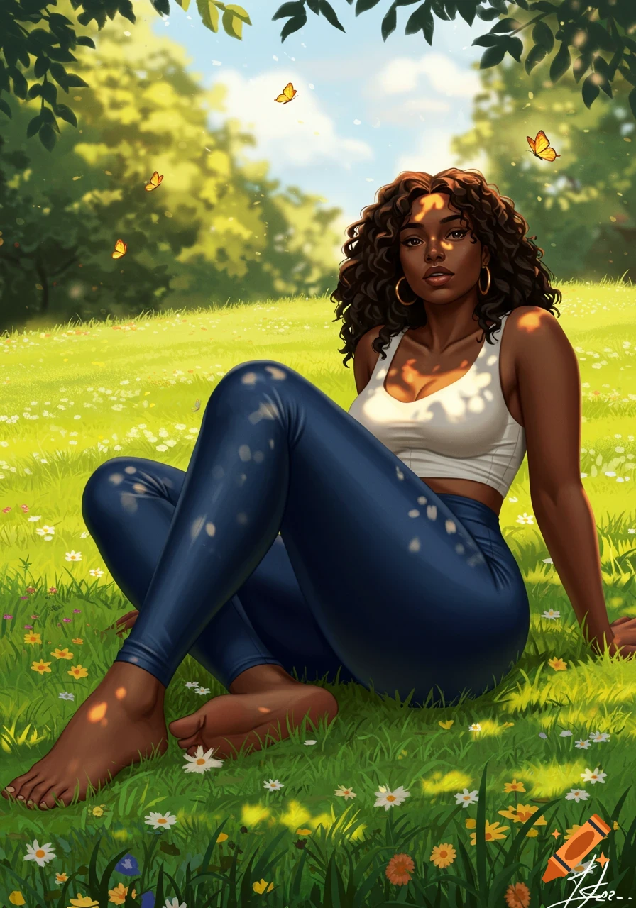 Digital illustration of a black woman with curly hair, sitting barefoot in a sunny field with wildflowers and butterflies.