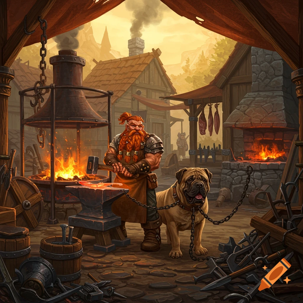 A red-bearded dwarf blacksmith hammers metal at a glowing forge with a chained mastiff dog in a busy fantasy village backyard.