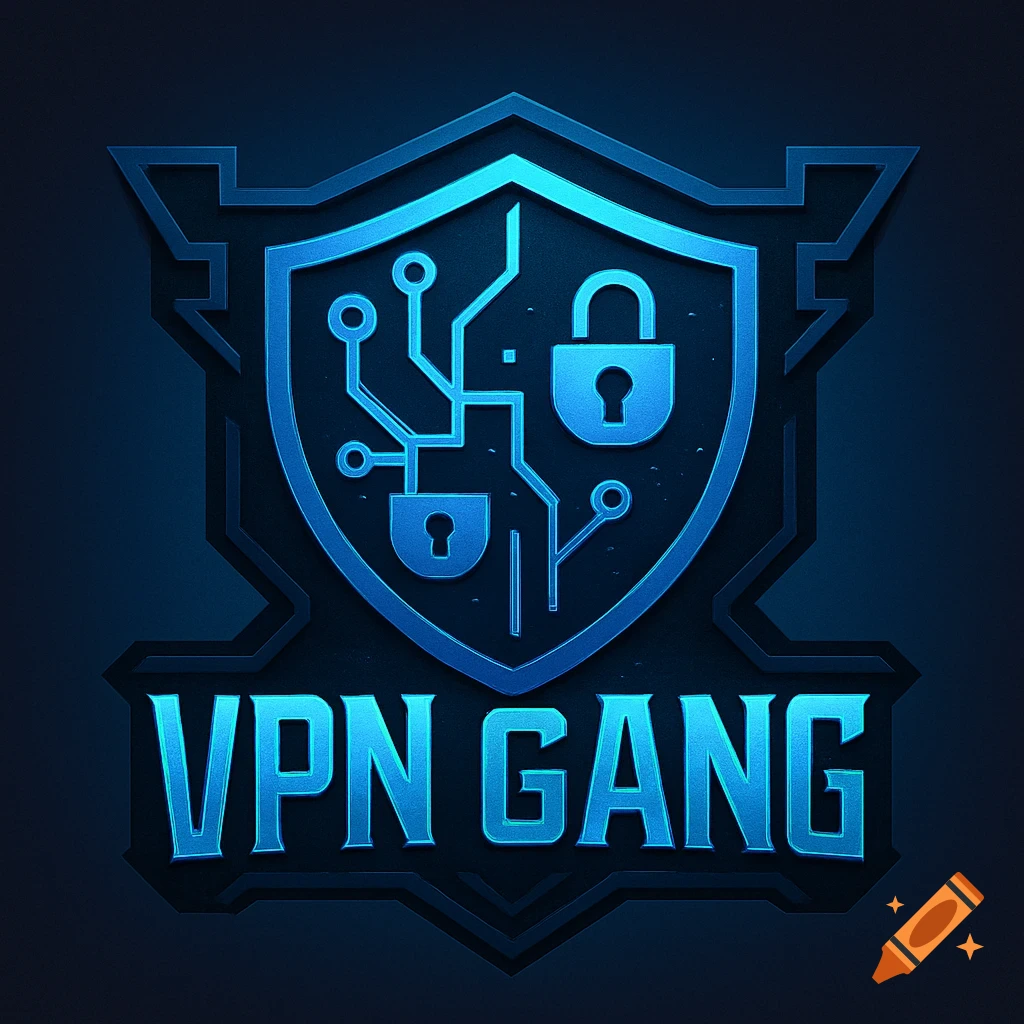 A blue and black cybersecurity logo with a shield, circuit patterns, padlocks, and 'VPN GANG' text.