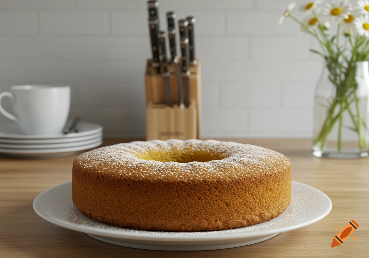 A golden bundt cake dusted with powdered sugar on a white plate in a kitchen setting with cups, a knife block, and flowers.
