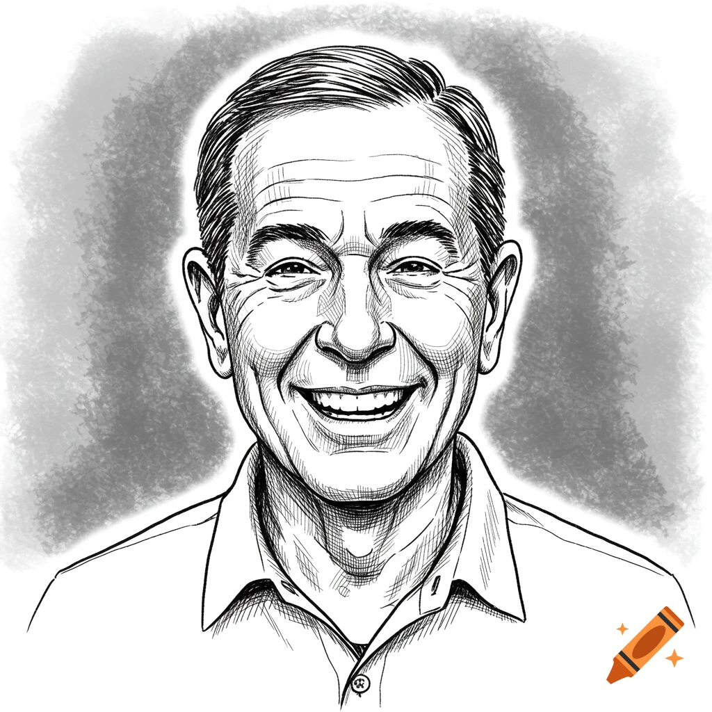 Black and white hand-drawn sketch portrait of a smiling, gentle-looking man with short hair.