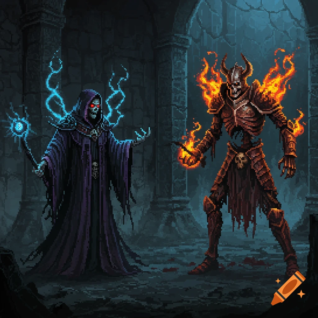 Pixel art of a necromancer with blue magic facing a flaming skeleton warrior in a dark dungeon.