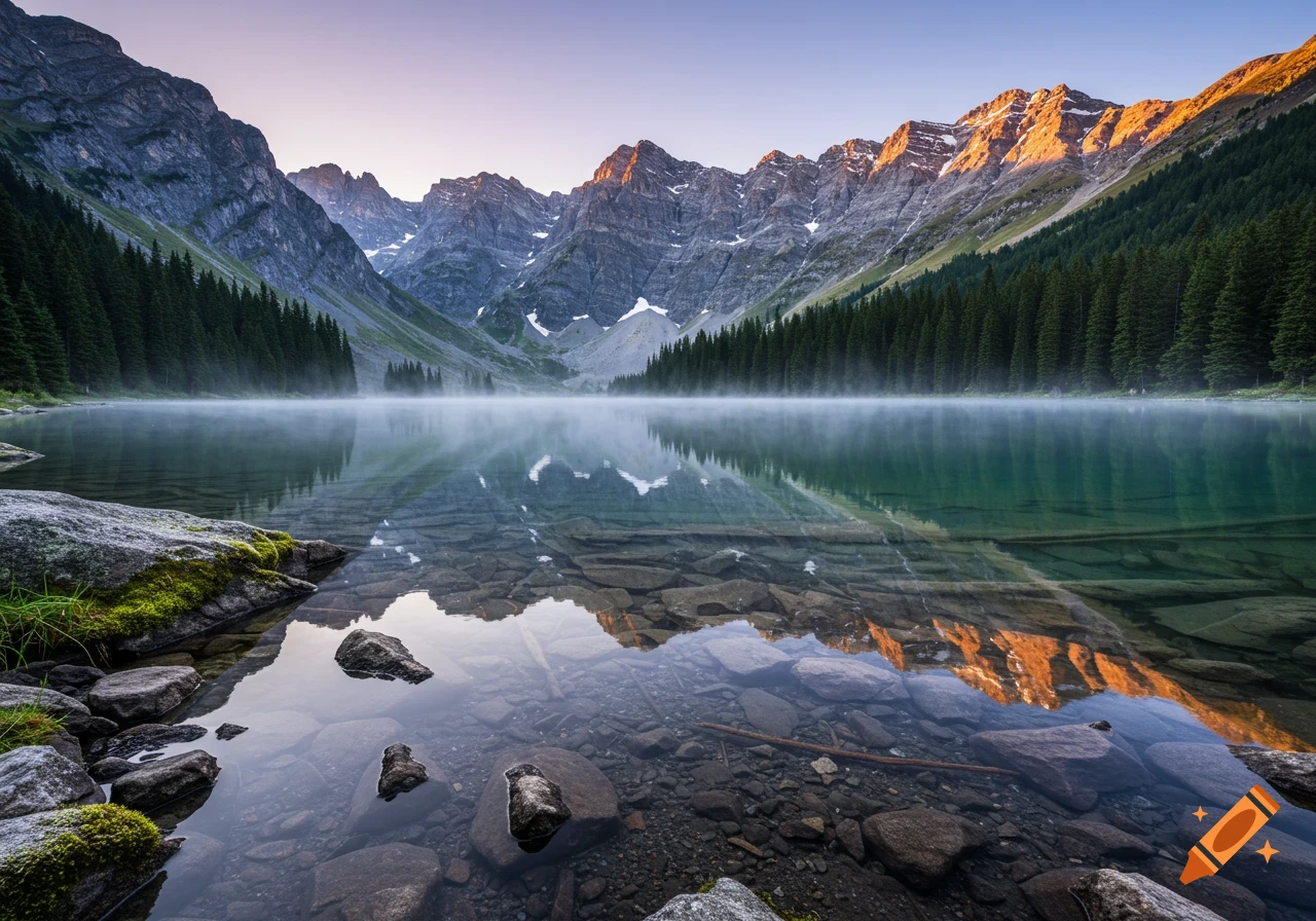 Photorealistic landscape of a serene mountain lake with mist rising, reflections of sunlit peaks, and visible rocks in clear water.