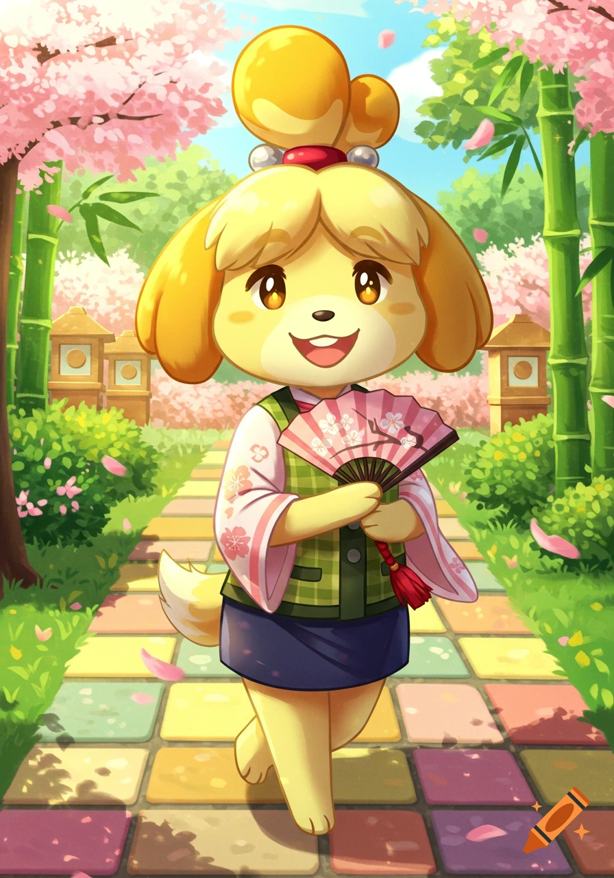 Isabelle from Animal Crossing in a kimono-style outfit, holding a fan, walks on a path surrounded by cherry blossoms and bamboo in a bright anime style.