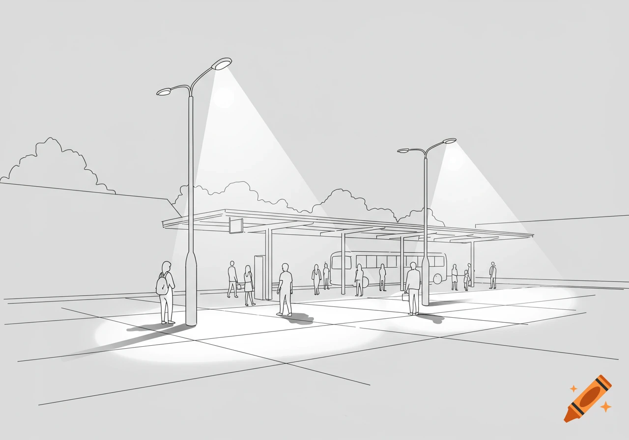 Black and white line drawing of a bus station at night, with streetlights, a bus, and minimalist figures waiting.