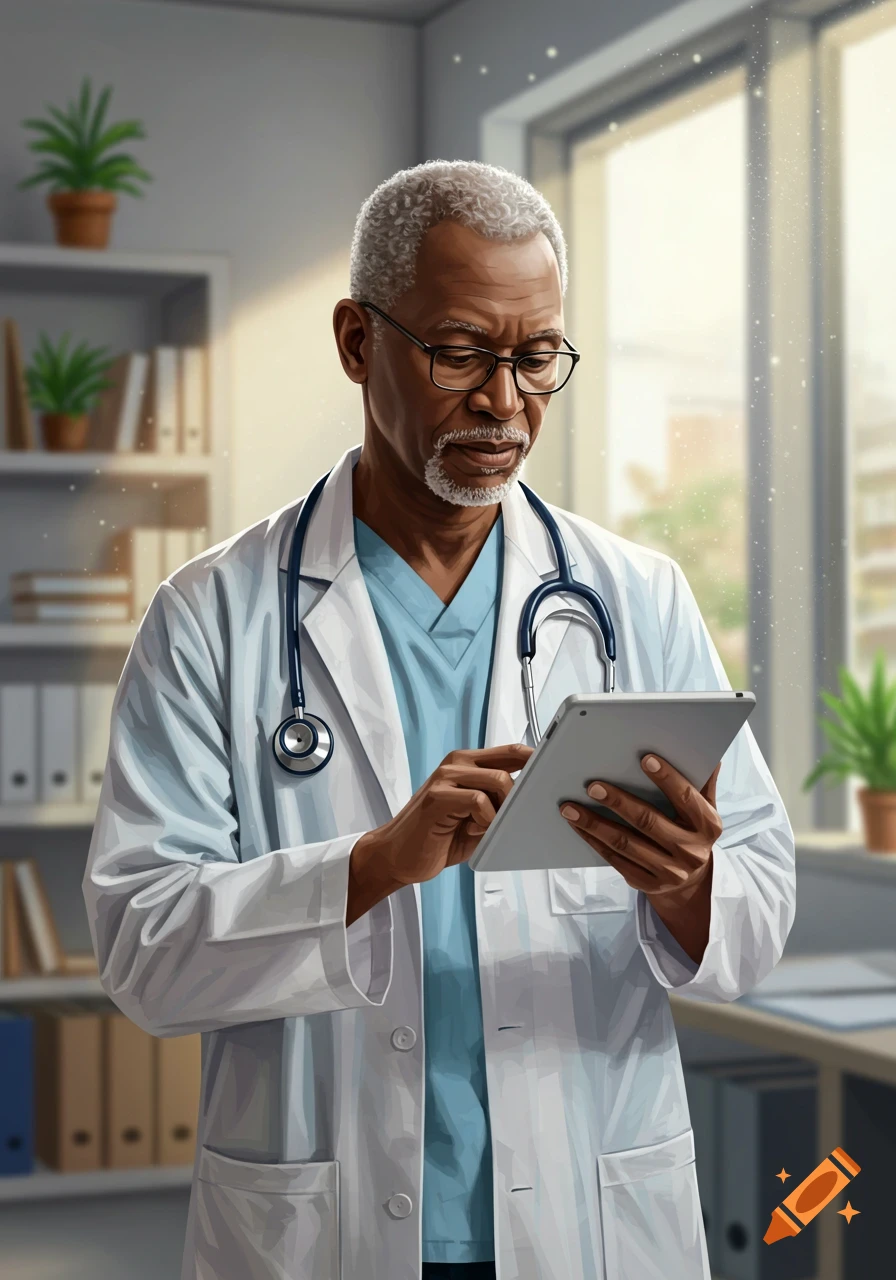 A professional-looking African American male doctor with gray hair and glasses, wearing a white lab coat and stethoscope, uses a tablet in a bright office.