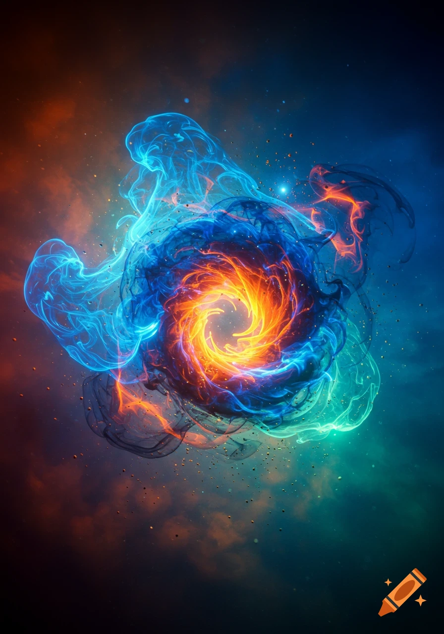 Abstract vibrant blue and orange swirling energy with a bright yellow core, like a cosmic nebula.