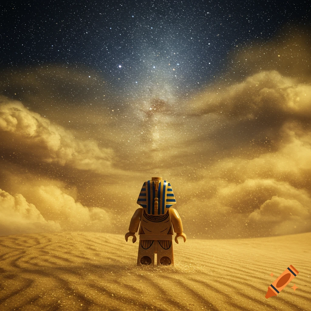 A Lego Egyptian pharaoh figure stands in a desert sandstorm under a brilliant starry night sky, back turned.