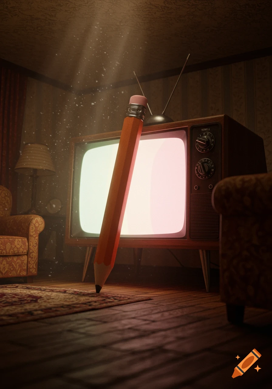 A giant pencil stands upright in front of an old television in a dark, dusty room with light rays streaming down.