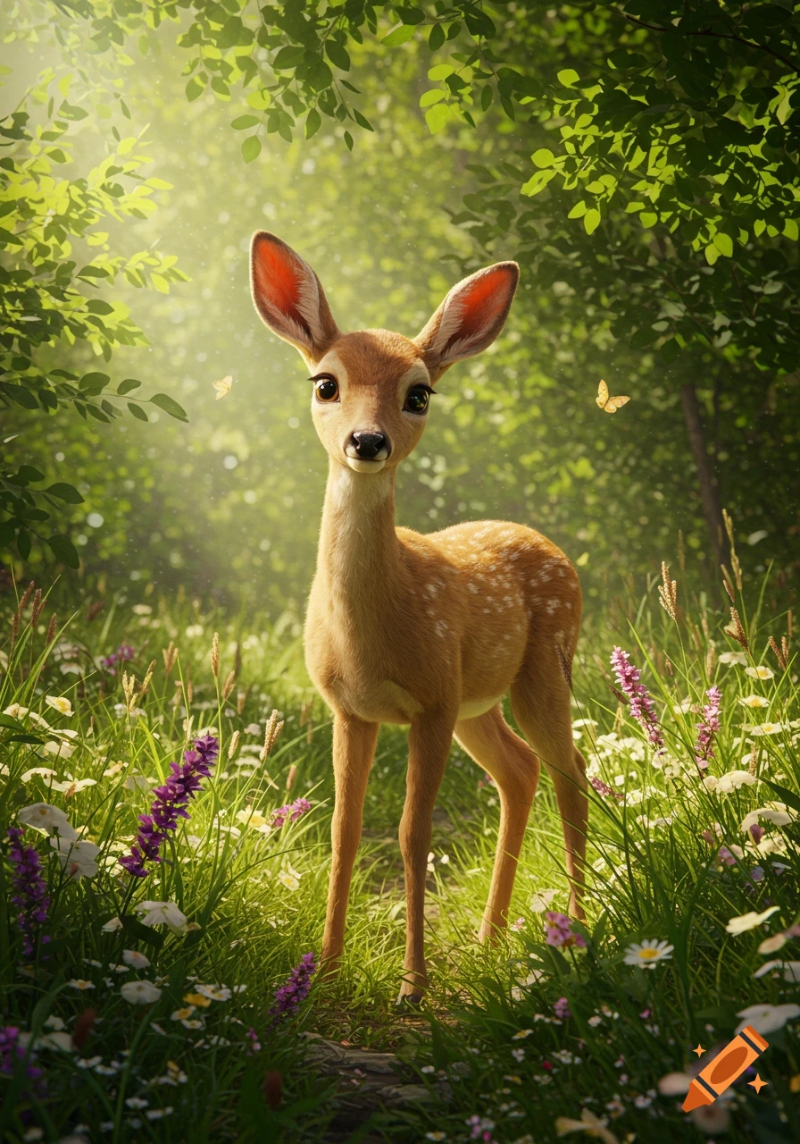 A cute, stylized fawn with large eyes stands in a vibrant, sunlit forest clearing among wildflowers and green foliage with butterflies.