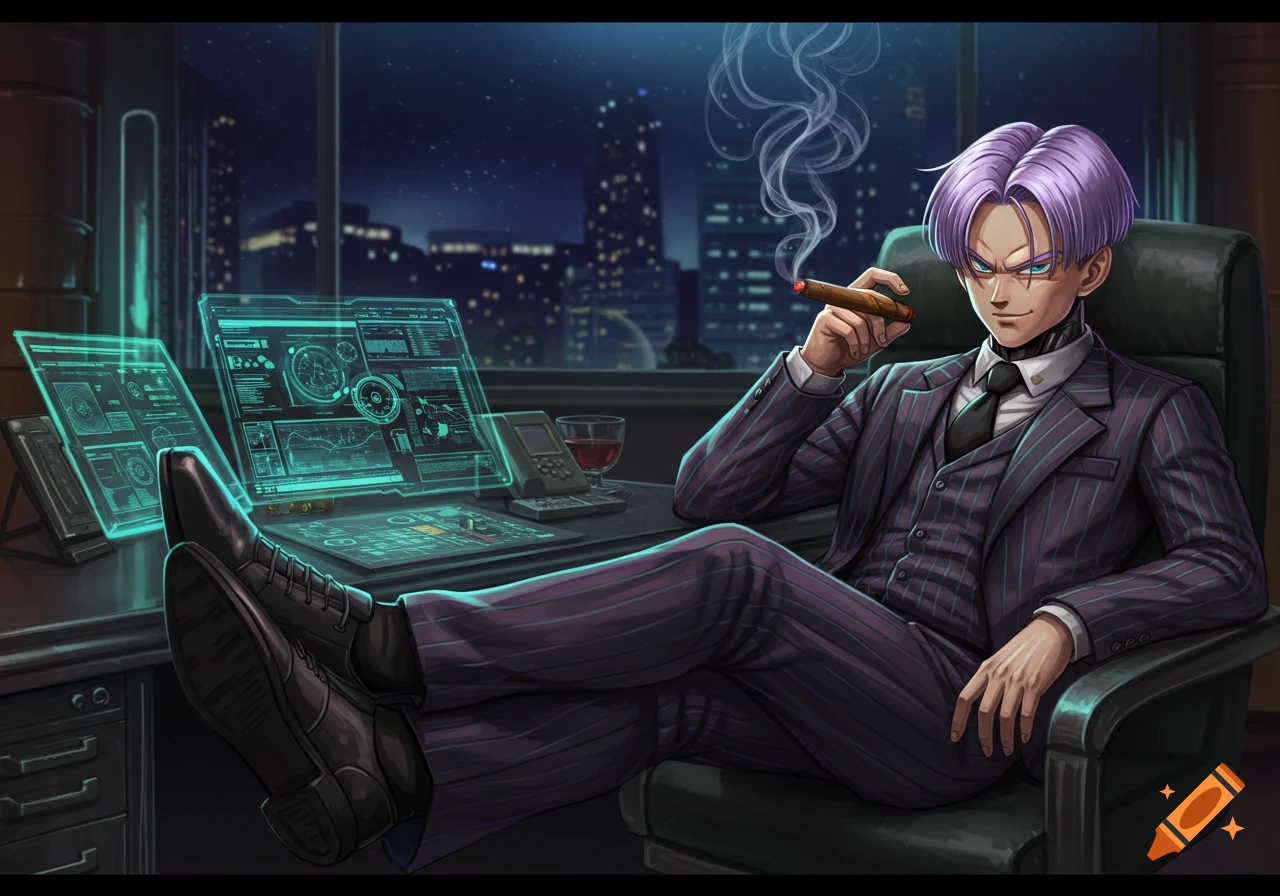 Anime character Future Trunks, with purple hair, sits in a dark office at night, feet on a desk with glowing holographic screens, smoking a cigar.