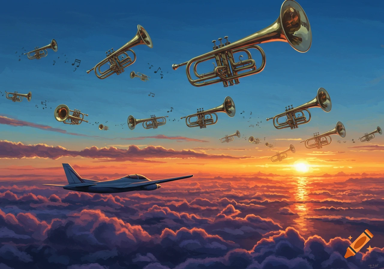 A surreal image of an airplane and flying trumpets with musical notes over vibrant clouds at sunset.