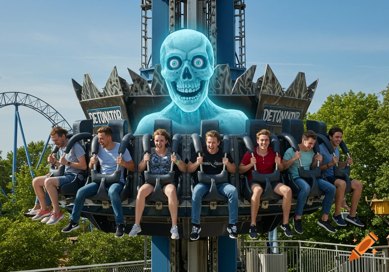 People on the Detonator drop tower ride at an amusement park with a glowing blue skeletal ghost figure on the ride's structure.