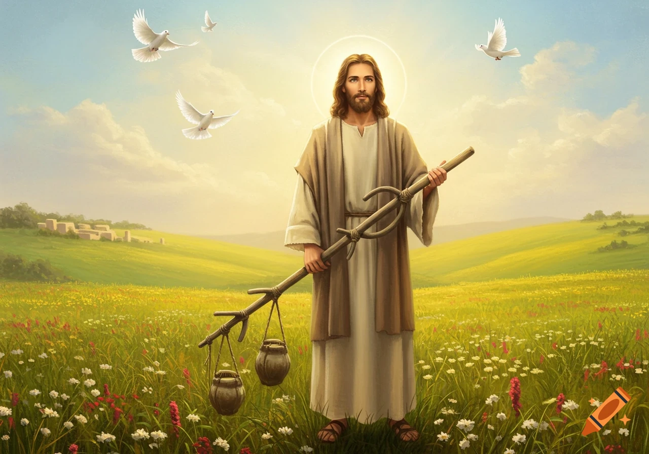 Jesus stands in a vibrant field of wildflowers under a bright sky with doves, holding a staff with two pots.
