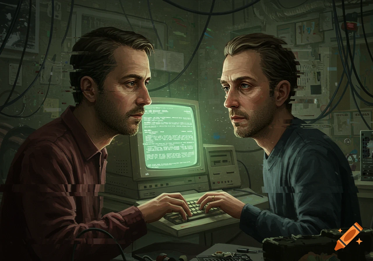Two men face each other at a retro computer in a glitchy, cyberpunk digital art style.