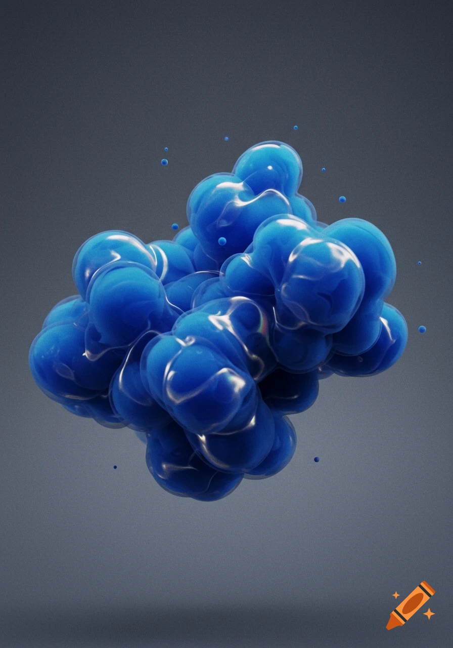 A cluster of glossy blue amorphous shapes and small spheres against a dark grey background.