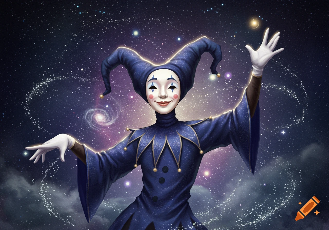 A mime or jester character in a blue costume and hat, with white gloves and face paint, stands with outstretched arms in a cosmic starfield.