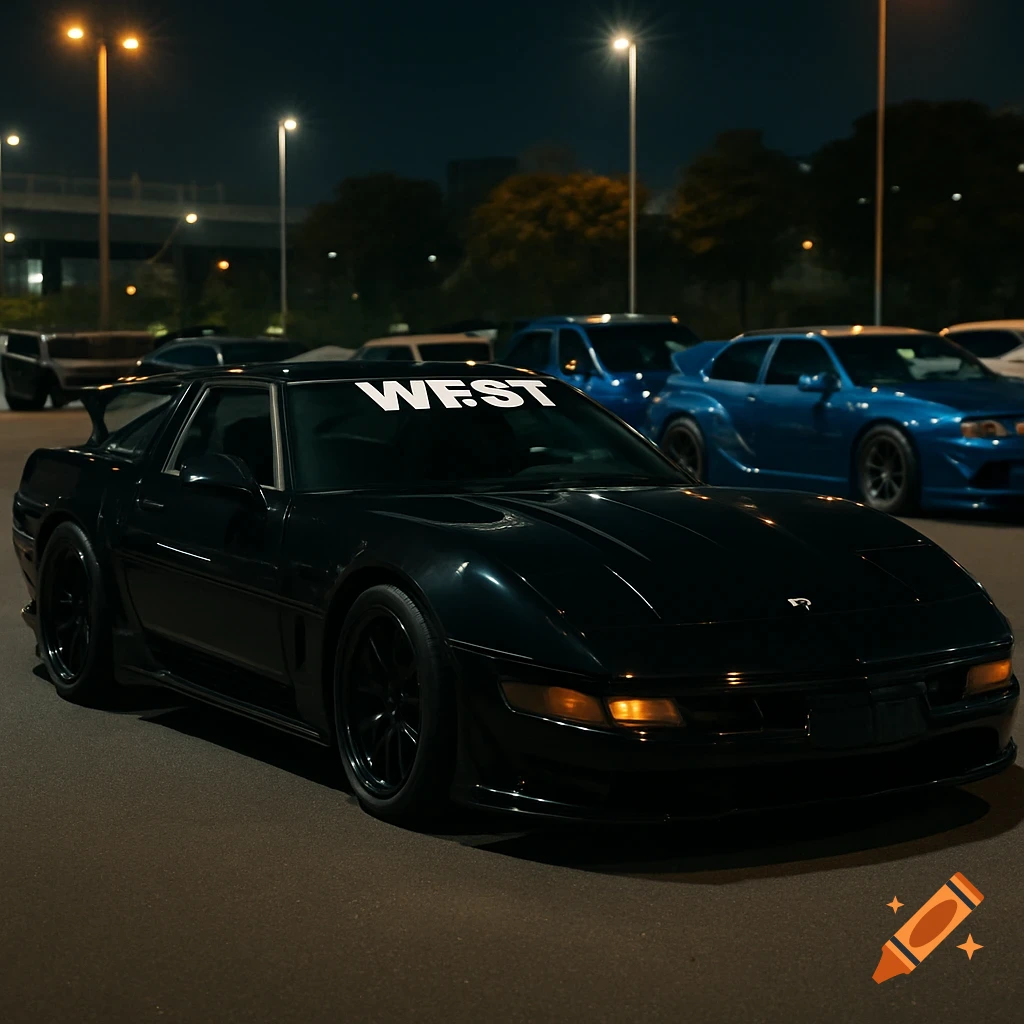 A black customized 1994 Chevrolet Corvette C4 with a "WEST" sticker on the windshield, parked at night in a lot with other cars under streetlights.