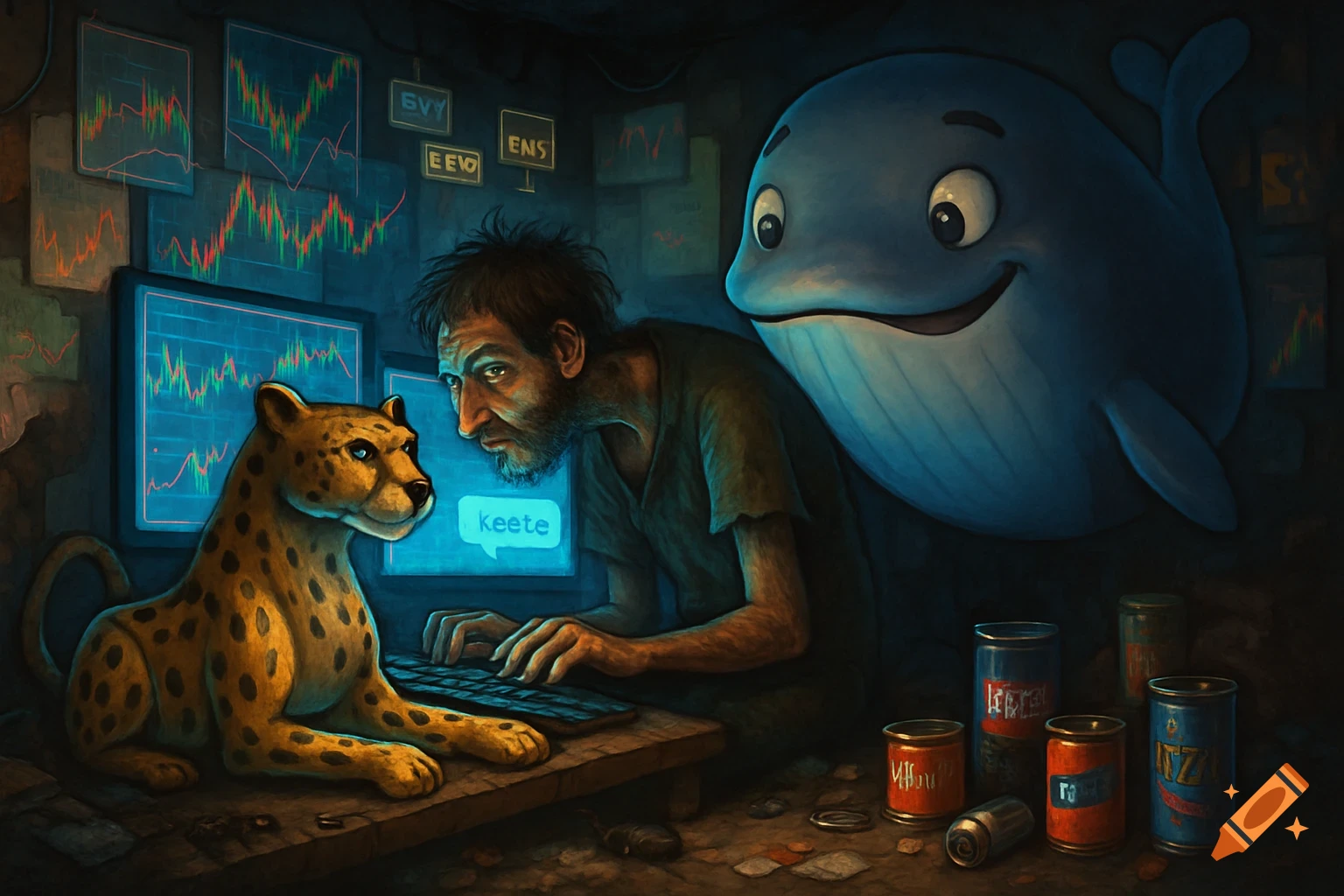 A man intensely watches a cheetah-shaped computer displaying crypto charts, with a speech bubble showing "keete." A smiling blue whale floats nearby in a messy, dark room filled with screens.