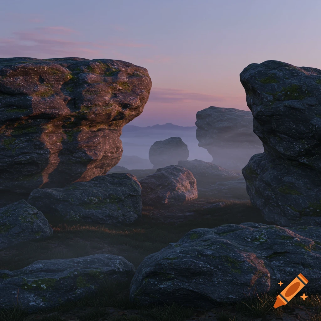 Misty landscape with large, dark rocks scattered across grassy terrain under a pink and purple sky at dawn.