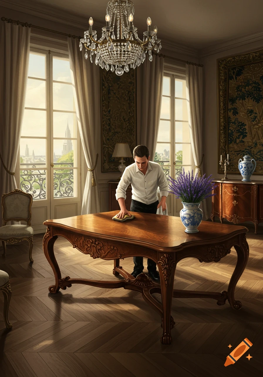 A man polishes a large ornate wooden table in a luxurious room with high windows, a crystal chandelier, and tapestries.