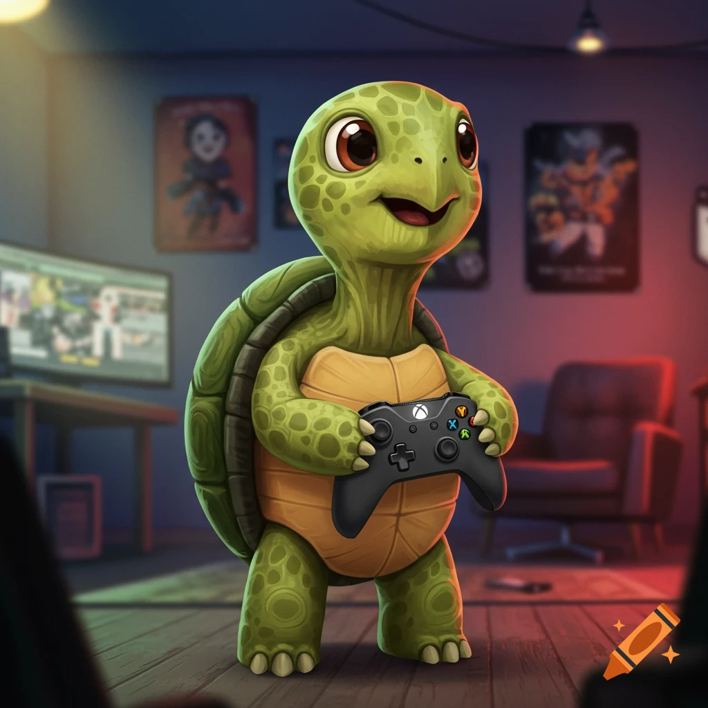 A cute cartoon turtle stands on two legs, holding an Xbox controller in a dimly lit gaming room.