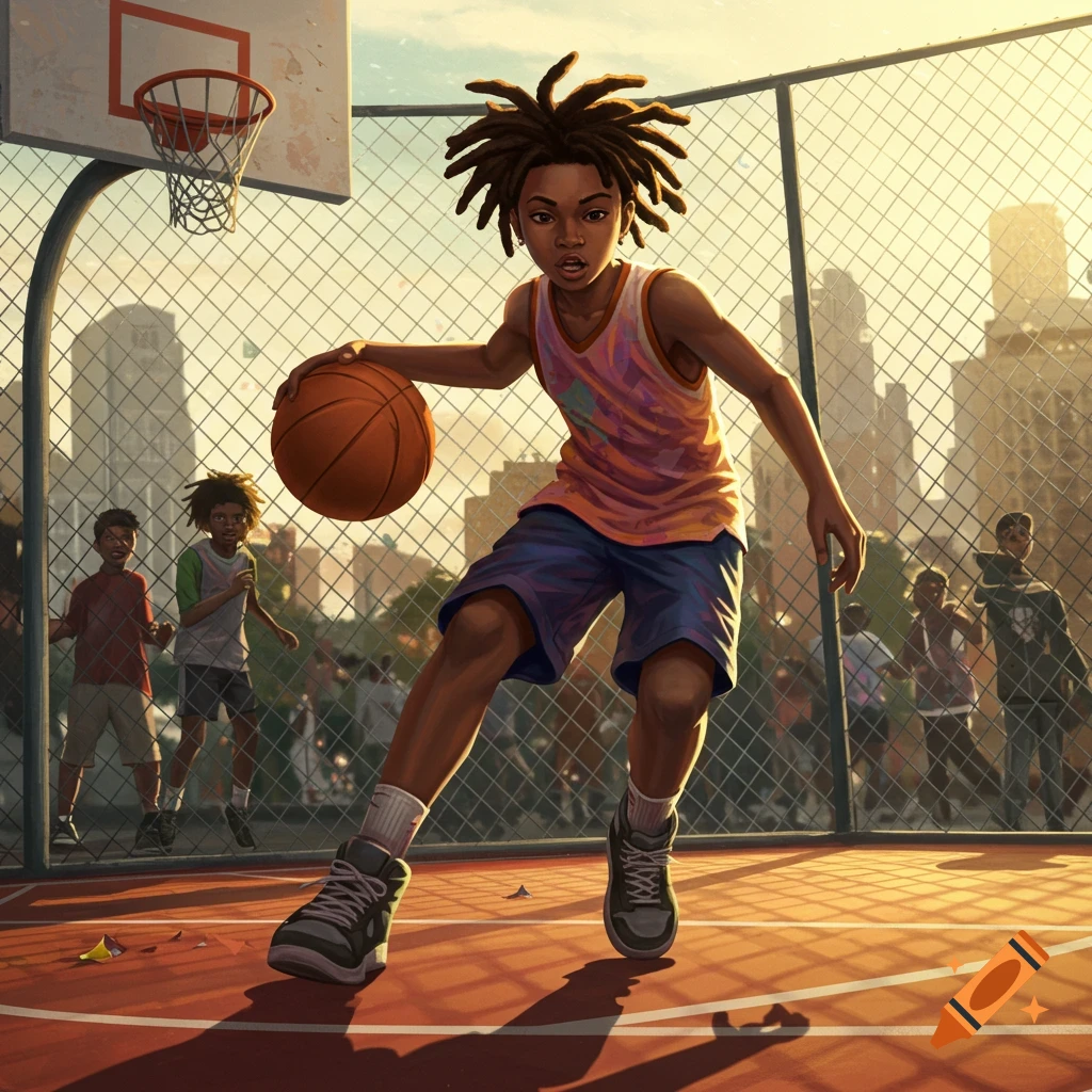 An illustrated young boy with dreadlocks dribbles a basketball on an urban outdoor court at sunset.