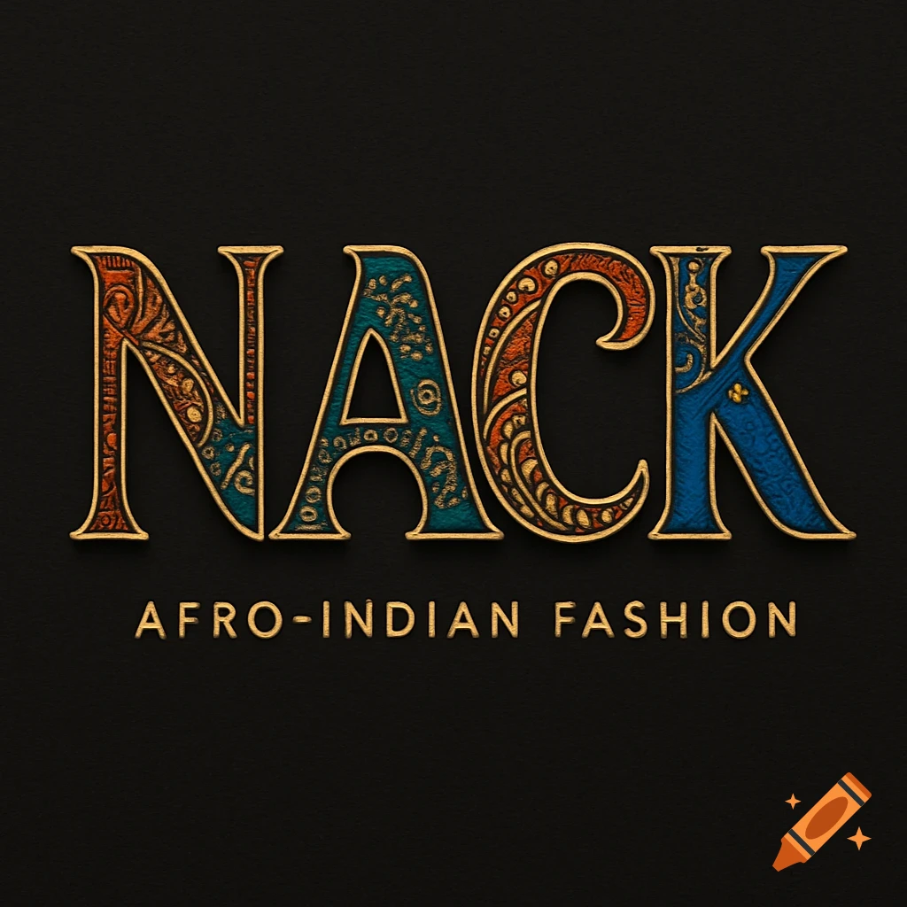 Ornate golden and patterned text 'NACK' above 'AFRO-INDIAN FASHION' on a dark background for a logo.