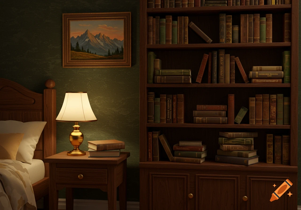 A cozy bedroom scene with a wooden bed and nightstand with a lamp, next to a large bookshelf, and a framed mountain painting on the wall.