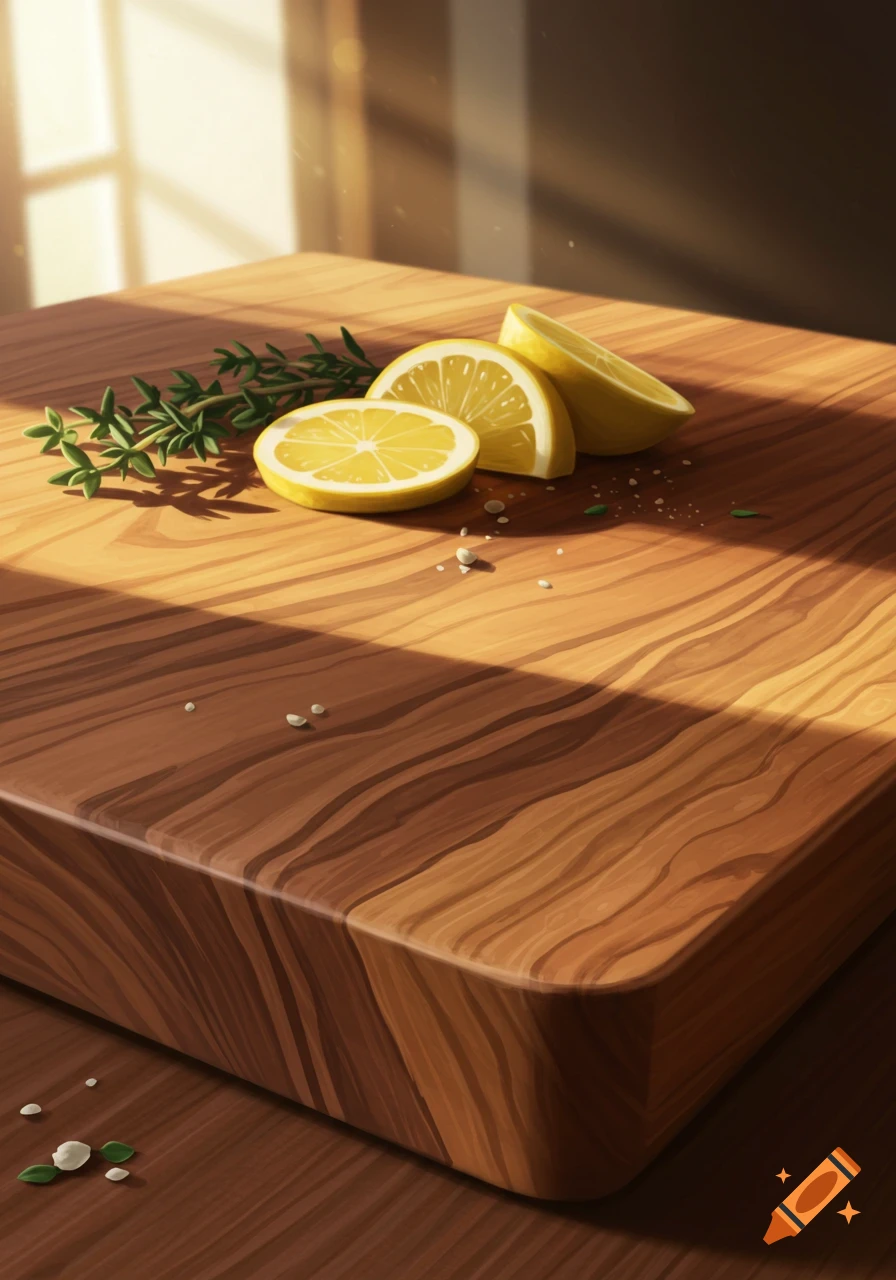 Lemon slices, green herbs, and salt on a wooden cutting board, illuminated by sunlight.
