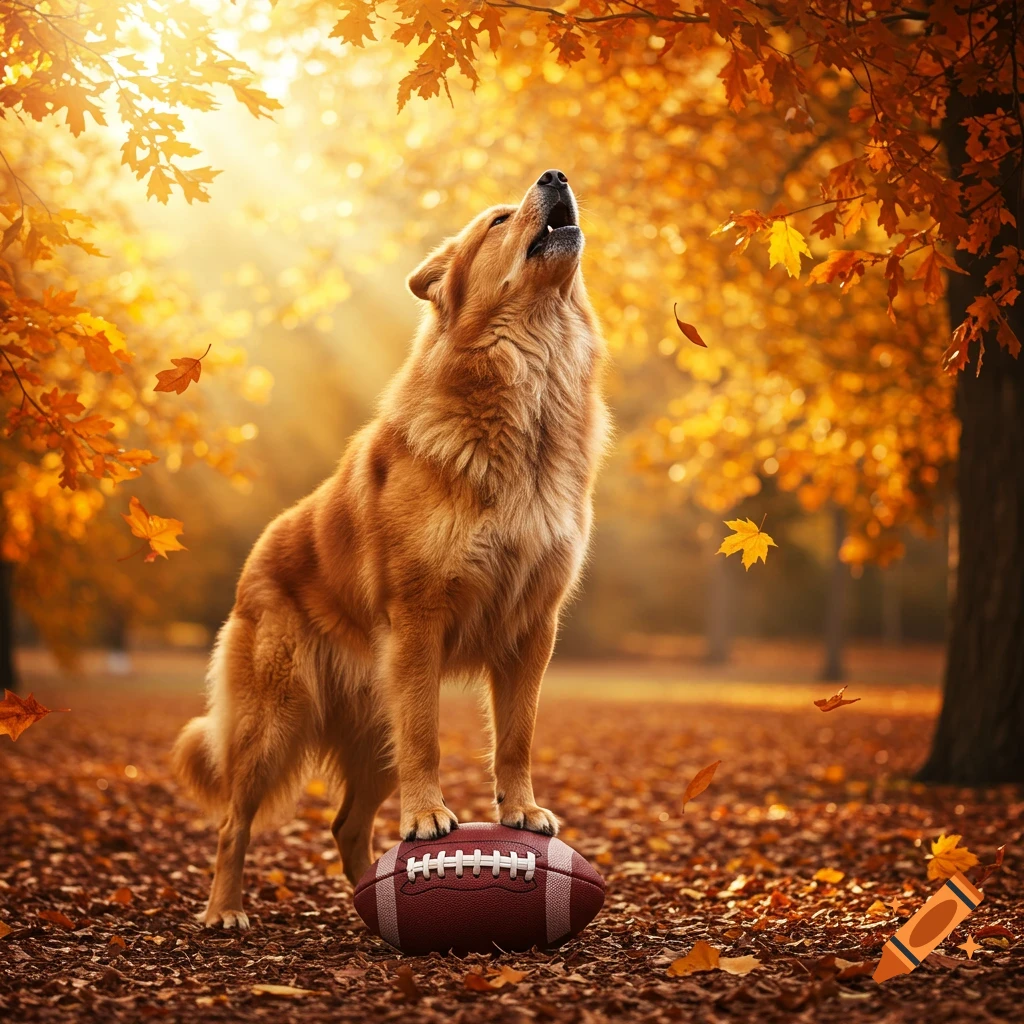 A golden-brown dog stands on a football, howling in a sunlit autumn forest with fallen leaves.