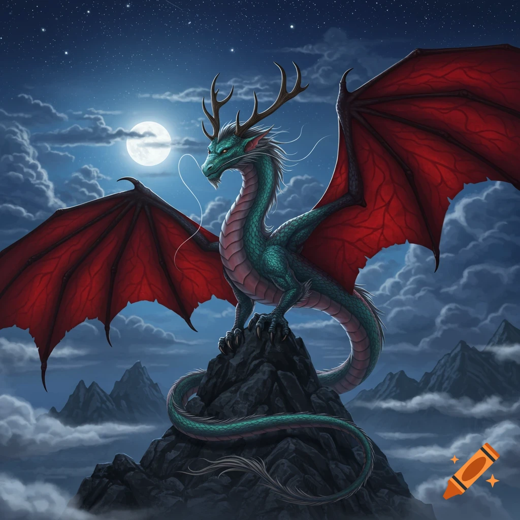 A majestic teal dragon with red wings and antlers perches on a rocky mountain peak under a full moon and starry night sky.