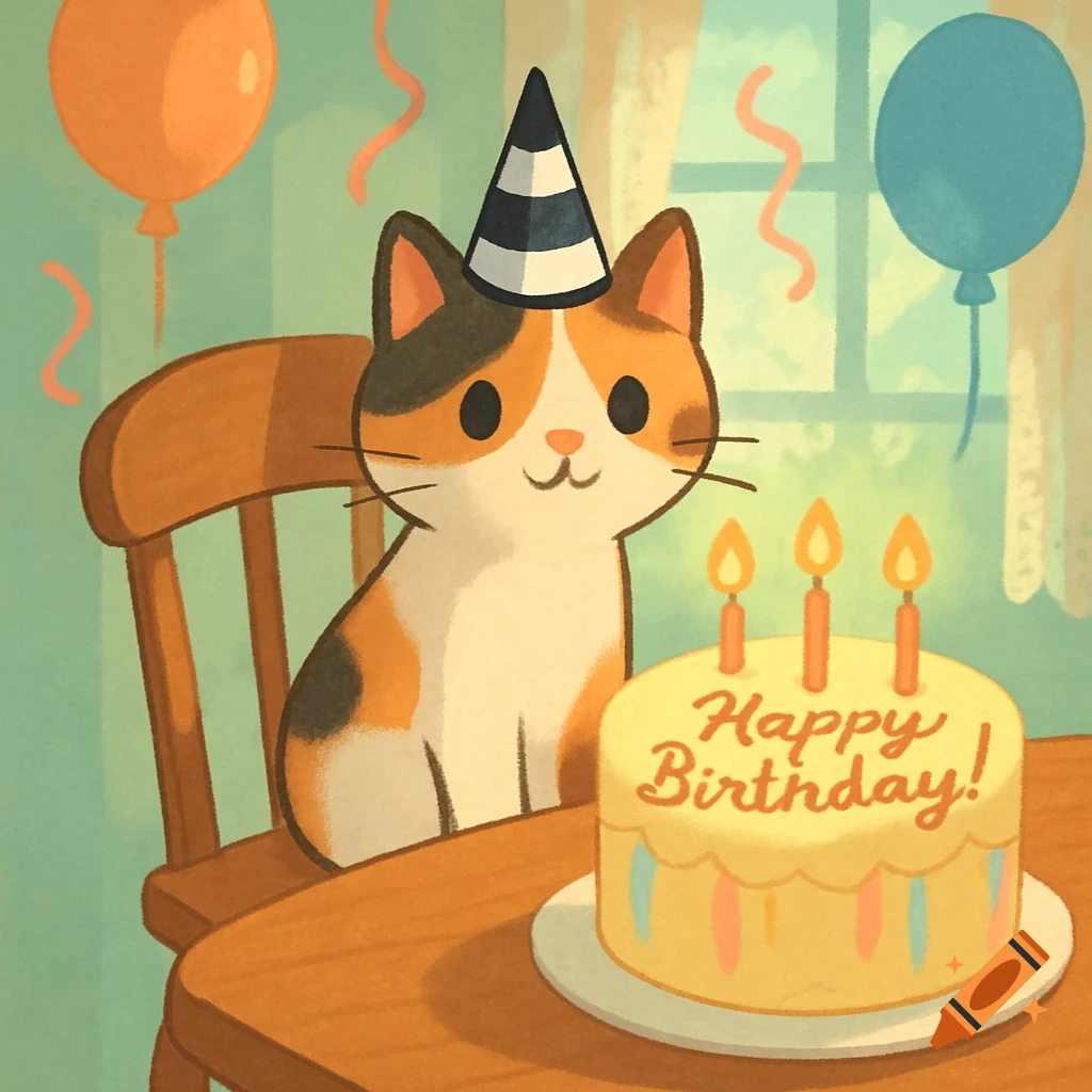 A cute calico cat wearing a party hat sits at a table with a "Happy Birthday!" cake and balloons in a cartoon style.